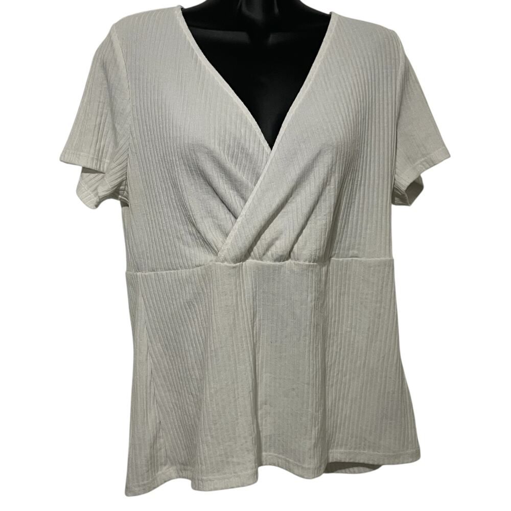 Torrid Womens Blouse Size 0 Large White Ribbed Wrap Surplice Short Sleeve Top
